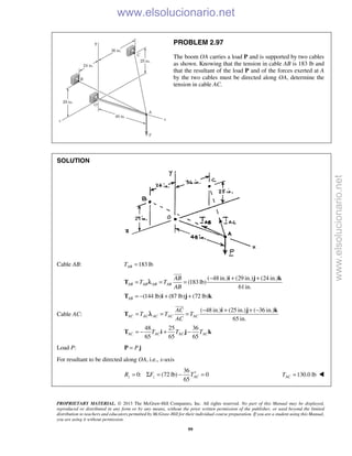 PROPRIETARY MATERIAL. © 2013 The McGraw-Hill Companies, Inc. All rights reserved. No part of this Manual may be displayed,
reproduced or distributed in any form or by any means, without the prior written permission of the publisher, or used beyond the limited
distribution to teachers and educators permitted by McGraw-Hill for their individual course preparation. If you are a student using this Manual,
you are using it without permission.
99
PROBLEM 2.97
The boom OA carries a load P and is supported by two cables
as shown. Knowing that the tension in cable AB is 183 lb and
that the resultant of the load P and of the forces exerted at A
by the two cables must be directed along OA, determine the
tension in cable AC.
SOLUTION
Cable AB: 183 lbABT =
( 48 in.) (29 in.) (24 in.)
(183lb)
61in.
(144 lb) (87 lb) (72 lb)
AB AB AB AB
AB
AB
T T
AB
− + +
= = =
= − + +
i j k
T
T i j k

λ
Cable AC:
( 48 in.) (25 in.) ( 36 in.)
65 in.
48 25 36
65 65 65
AC AC AC AC AC
AC AC AC AC
AC
T T T
AC
T T T
− + + −
= = =
= − + −
i j k
T
T i j k

λ
Load P: P=P j
For resultant to be directed along OA, i.e., x-axis
36
0: (72 lb) 0
65
z z ACR F T′= Σ = − = 130.0 lbACT = 
www.elsolucionario.net
www.elsolucionario.net
 