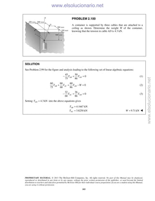 PROPRIETARY MATERIAL. © 2013 The McGraw-Hill Companies, Inc. All rights reserved. No part of this Manual may be displayed,
reproduced or distributed in any form or by any means, without the prior written permission of the publisher, or used beyond the limited
distribution to teachers and educators permitted by McGraw-Hill for their individual course preparation. If you are a student using this Manual,
you are using it without permission.
103
PROBLEM 2.100
A container is supported by three cables that are attached to a
ceiling as shown. Determine the weight W of the container,
knowing that the tension in cable AD is 4.3 kN.
SOLUTION
See Problem 2.99 for the figure and analysis leading to the following set of linear algebraic equations:
45 50
0
75 86
AB ADT T− + = (1)
60 60 60
0
75 68 86
AB AC ADT T T W+ + − = (2)
32 36
0
68 86
AC ADT T− + = (3)
Setting 4.3 kNADT = into the above equations gives
4.1667 kN
3.8250 kN
AB
AC
T
T
=
= 9.71kNW = 
www.elsolucionario.net
www.elsolucionario.net
 