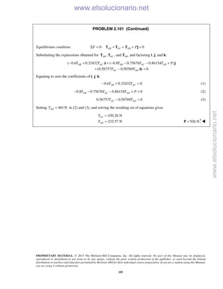 PROPRIETARY MATERIAL. © 2013 The McGraw-Hill Companies, Inc. All rights reserved. No part of this Manual may be displayed,
reproduced or distributed in any form or by any means, without the prior written permission of the publisher, or used beyond the limited
distribution to teachers and educators permitted by McGraw-Hill for their individual course preparation. If you are a student using this Manual,
you are using it without permission.
105
PROBLEM 2.101 (Continued)
Equilibrium condition: 0: 0AB AC ADF PΣ = + + + =T T T j
Substituting the expressions obtained for , , andAB AC ADT T T and factoring i, j, and k:
( 0.6 0.32432 ) ( 0.8 0.75676 0.86154 )
(0.56757 0.50769 ) 0
AB AC AB AC AD
AC AD
T T T T T P
T T
− + + − − − +
+ − =
i j
k
Equating to zero the coefficients of i, j, k:
0.6 0.32432 0AB ACT T− + = (1)
0.8 0.75676 0.86154 0AB AC ADT T T P− − − + = (2)
0.56757 0.50769 0AC ADT T− = (3)
Setting 481 NADT = in (2) and (3), and solving the resulting set of equations gives
430.26 N
232.57 N
AC
AD
T
T
=
= 926 N=P 
www.elsolucionario.net
www.elsolucionario.net
 