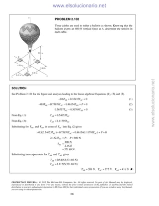 PROPRIETARY MATERIAL. © 2013 The McGraw-Hill Companies, Inc. All rights reserved. No part of this Manual may be displayed,
reproduced or distributed in any form or by any means, without the prior written permission of the publisher, or used beyond the limited
distribution to teachers and educators permitted by McGraw-Hill for their individual course preparation. If you are a student using this Manual,
you are using it without permission.
106
PROBLEM 2.102
Three cables are used to tether a balloon as shown. Knowing that the
balloon exerts an 800-N vertical force at A, determine the tension in
each cable.
SOLUTION
See Problem 2.101 for the figure and analysis leading to the linear algebraic Equations (1), (2), and (3).
0.6 0.32432 0AB ACT T− + = (1)
0.8 0.75676 0.86154 0AB AC ADT T T P− − − + = (2)
0.56757 0.50769 0AC ADT T− = (3)
From Eq. (1): 0.54053AB ACT T=
From Eq. (3): 1.11795AD ACT T=
Substituting for ABT and ADT in terms of ACT into Eq. (2) gives
0.8(0.54053 ) 0.75676 0.86154(1.11795 ) 0AC AC ACT T T P− − − + =
2.1523 ; 800 N
800 N
2.1523
371.69 N
AC
AC
T P P
T
= =
=
=
Substituting into expressions for ABT and ADT gives
0.54053(371.69 N)
1.11795(371.69 N)
AB
AD
T
T
=
=
201 N, 372 N, 416 NAB AC ADT T T= = = 
www.elsolucionario.net
www.elsolucionario.net
 