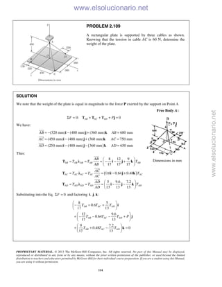 PROPRIETARY MATERIAL. © 2013 The McGraw-Hill Companies, Inc. All rights reserved. No part of this Manual may be displayed,
reproduced or distributed in any form or by any means, without the prior written permission of the publisher, or used beyond the limited
distribution to teachers and educators permitted by McGraw-Hill for their individual course preparation. If you are a student using this Manual,
you are using it without permission.
114
PROBLEM 2.109
A rectangular plate is supported by three cables as shown.
Knowing that the tension in cable AC is 60 N, determine the
weight of the plate.
SOLUTION
We note that the weight of the plate is equal in magnitude to the force P exerted by the support on Point A.
Free Body A:
0: 0AB AC ADF PΣ = + + + =T T T j
We have:
( )
(320 mm) (480 mm) (360 mm) 680 mm
(450 mm) (480 mm) (360 mm) 750 mm
(250 mm) (480 mm) 360 mm 650 mm
AB AB
AC AC
AD AD
= − − + =
= − + =
= − − =
i j k
i j k
i j k



Thus:
( )
8 12 9
17 17 17
0.6 0.64 0.48
5 9.6 7.2
13 13 13
AB AB AB AB AB
AC AC AC AC AC
AD AD AD AD AD
AB
T T T
AB
AC
T T T
AC
AD
T T T
AD
 
= = = − − + 
 
= = = − +
 
= = = − − 
 
T λ i j k
T λ i j k
T λ i j k



Substituting into the Eq. 0FΣ = and factoring , , :i j k
8 5
0.6
17 13
12 9.6
0.64
17 13
9 7.2
0.48 0
17 13
AB AC AD
AB AC AD
AB AC AD
T T T
T T T P
T T T
 
− + + 
 
 
+ − − − + 
 
 
+ + − = 
 
i
j
k
Dimensions in mm
www.elsolucionario.net
www.elsolucionario.net
 