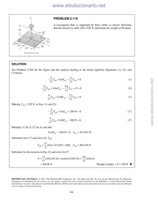 PROPRIETARY MATERIAL. © 2013 The McGraw-Hill Companies, Inc. All rights reserved. No part of this Manual may be displayed,
reproduced or distributed in any form or by any means, without the prior written permission of the publisher, or used beyond the limited
distribution to teachers and educators permitted by McGraw-Hill for their individual course preparation. If you are a student using this Manual,
you are using it without permission.
116
PROBLEM 2.110
A rectangular plate is supported by three cables as shown. Knowing
that the tension in cable AD is 520 N, determine the weight of the plate.
SOLUTION
See Problem 2.109 for the figure and the analysis leading to the linear algebraic Equations (1), (2), and
(3) below:
8 5
0.6 0
17 13
AB AC ADT T T− + + = (1)
12 9.6
0.64 0
17 13
AB AC ADT T T P− + − + = (2)
9 7.2
0.48 0
17 13
AB AC ADT T T+ − = (3)
Making 520 NADT = in Eqs. (1) and (3):
8
0.6 200 N 0
17
AB ACT T− + + = (1′)
9
0.48 288 N 0
17
AB ACT T+ − = (3′)
Multiply (1′) by 9, (3′) by 8, and add:
9.24 504 N 0 54.5455 NAC ACT T− = =
Substitute into (1′) and solve for :ABT
17
(0.6 54.5455 200) 494.545 N
8
AB ABT T= × + =
Substitute for the tensions in Eq. (2) and solve for P:
12 9.6
(494.545 N) 0.64(54.5455 N) (520 N)
17 13
768.00 N
P = + +
= Weight of plate 768 NP= = 
www.elsolucionario.net
www.elsolucionario.net
 