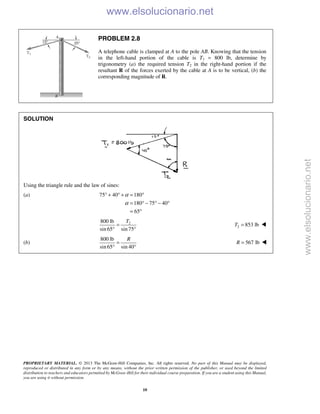 PROPRIETARY MATERIAL. © 2013 The McGraw-Hill Companies, Inc. All rights reserved. No part of this Manual may be displayed,
reproduced or distributed in any form or by any means, without the prior written permission of the publisher, or used beyond the limited
distribution to teachers and educators permitted by McGraw-Hill for their individual course preparation. If you are a student using this Manual,
you are using it without permission.
10
PROBLEM 2.8
A telephone cable is clamped at A to the pole AB. Knowing that the tension
in the left-hand portion of the cable is T1 = 800 lb, determine by
trigonometry (a) the required tension T2 in the right-hand portion if the
resultant R of the forces exerted by the cable at A is to be vertical, (b) the
corresponding magnitude of R.
SOLUTION
Using the triangle rule and the law of sines:
(a) 75 40 180
180 75 40
65
α
α
° + ° + = °
= ° − ° − °
= °
2800 lb
sin 65 sin 75
T
=
° °
2 853 lbT = 
(b)
800 lb
sin 65 sin 40
R
=
° °
567 lbR = 
www.elsolucionario.net
www.elsolucionario.net
 