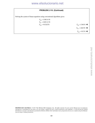 PROPRIETARY MATERIAL. © 2013 The McGraw-Hill Companies, Inc. All rights reserved. No part of this Manual may be displayed,
reproduced or distributed in any form or by any means, without the prior written permission of the publisher, or used beyond the limited
distribution to teachers and educators permitted by McGraw-Hill for their individual course preparation. If you are a student using this Manual,
you are using it without permission.
125
PROBLEM 2.116 (Continued)
Solving the system of linear equations using conventional algorithms gives:
1340.14 N
1025.12 N
915.03 N
AB
AC
AD
T
T
T
=
=
= 1340 NABT = 
1025 NACT = 
915 NADT = 
www.elsolucionario.net
www.elsolucionario.net
 