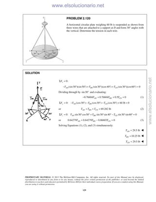 PROPRIETARY MATERIAL. © 2013 The McGraw-Hill Companies, Inc. All rights reserved. No part of this Manual may be displayed,
reproduced or distributed in any form or by any means, without the prior written permission of the publisher, or used beyond the limited
distribution to teachers and educators permitted by McGraw-Hill for their individual course preparation. If you are a student using this Manual,
you are using it without permission.
129
PROBLEM 2.120
A horizontal circular plate weighing 60 lb is suspended as shown from
three wires that are attached to a support at D and form 30° angles with
the vertical. Determine the tension in each wire.
SOLUTION

0:xFΣ =
(sin30 )(sin50 ) (sin30 )(cos40 ) (sin30 )(cos60 ) 0AD BD CDT T T− ° ° + ° ° + ° ° =
Dividing through by sin30° and evaluating:
0.76604 0.76604 0.5 0AD BD CDT T T− + + = (1)
0: (cos30 ) (cos30 ) (cos30 ) 60 lb 0y AD BD CDF T T TΣ = − ° − ° − ° + =
or 69.282 lbAD BD CDT T T+ + = (2)
0: sin30 cos50 sin30 sin 40 sin30 sin 60 0z AD BD CDF T T TΣ = ° ° + ° ° − ° ° =
or 0.64279 0.64279 0.86603 0AD BD CDT T T+ − = (3)
Solving Equations (1), (2), and (3) simultaneously:
29.5 lbADT = 
10.25 lbBDT = 
   29.5 lbCDT = 
www.elsolucionario.net
www.elsolucionario.net
 