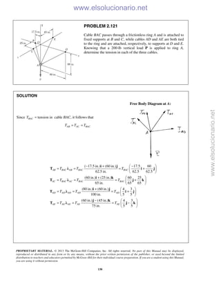 PROPRIETARY MATERIAL. © 2013 The McGraw-Hill Companies, Inc. All rights reserved. No part of this Manual may be displayed,
reproduced or distributed in any form or by any means, without the prior written permission of the publisher, or used beyond the limited
distribution to teachers and educators permitted by McGraw-Hill for their individual course preparation. If you are a student using this Manual,
you are using it without permission.
130
PROBLEM 2.121
Cable BAC passes through a frictionless ring A and is attached to
fixed supports at B and C, while cables AD and AE are both tied
to the ring and are attached, respectively, to supports at D and E.
Knowing that a 200-lb vertical load P is applied to ring A,
determine the tension in each of the three cables.
SOLUTION
Free Body Diagram at A:
Since tension inBACT = cable BAC, it follows that
AB AC BACT T T= =
( 17.5 in.) (60 in.) 17.5 60
62.5 in. 62.5 62.5
(60 in.) (25 in.) 60 25
65 in. 65 65
(80 in.) (60 in.) 4 3
100 in. 5 5
AB BAC AB BAC BAC
AC BAC AC BAC BAC
AD AD AD AD AD
AE AE AE AE
T T T
T T T
T T T
T T
− + − 
= = = + 
 
+  
= = = + 
 
+  
= = = + 
 
= =
i j
T λ i j
i k
T λ j k
i j
T λ i j
T λ
(60 in.) (45 in.) 4 3
75 in. 5 5
AET
−  
= − 
 
j k
j k
www.elsolucionario.net
www.elsolucionario.net
 