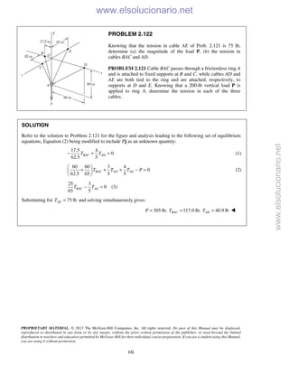 PROPRIETARY MATERIAL. © 2013 The McGraw-Hill Companies, Inc. All rights reserved. No part of this Manual may be displayed,
reproduced or distributed in any form or by any means, without the prior written permission of the publisher, or used beyond the limited
distribution to teachers and educators permitted by McGraw-Hill for their individual course preparation. If you are a student using this Manual,
you are using it without permission.
132
PROBLEM 2.122
Knowing that the tension in cable AE of Prob. 2.121 is 75 lb,
determine (a) the magnitude of the load P, (b) the tension in
cables BAC and AD.
PROBLEM 2.121 Cable BAC passes through a frictionless ring A
and is attached to fixed supports at B and C, while cables AD and
AE are both tied to the ring and are attached, respectively, to
supports at D and E. Knowing that a 200-lb vertical load P is
applied to ring A, determine the tension in each of the three
cables.
SOLUTION
Refer to the solution to Problem 2.121 for the figure and analysis leading to the following set of equilibrium
equations, Equation (2) being modified to include Pj as an unknown quantity:
17.5 4
0
62.5 5
BAC ADT T− + = (1)
60 60 3 4
0
62.5 65 5 5
BAC AD AET T T P
 
+ + + − = 
 
(2)
25 3
0
65 5
BAC AET T− = (3)
Substituting for 75 lbAET = and solving simultaneously gives:
305 lb; 117.0 lb; 40.9 lbBAC ADP T T= = = 

www.elsolucionario.net
www.elsolucionario.net
 