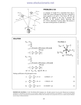 PROPRIETARY MATERIAL. © 2013 The McGraw-Hill Companies, Inc. All rights reserved. No part of this Manual may be displayed,
reproduced or distributed in any form or by any means, without the prior written permission of the publisher, or used beyond the limited
distribution to teachers and educators permitted by McGraw-Hill for their individual course preparation. If you are a student using this Manual,
you are using it without permission.
133
PROBLEM 2.123
A container of weight W is suspended from ring A.
Cable BAC passes through the ring and is attached to
fixed supports at B and C. Two forces P=P i and
Q Q= k are applied to the ring to maintain the
container in the position shown. Knowing that
W 376 N,= determine P and Q. (Hint: The tension is
the same in both portions of cable BAC.)
SOLUTION
( 130 mm) (400 mm) (160 mm)
450 mm
13 40 16
45 45 45
AB ABT
AB
T
AB
T
T
=
=
− + +
=
 
= − + + 
 
T λ
i j k
i j k

Free-Body A:
( 150 mm) (400 mm) ( 240 mm)
490 mm
15 40 24
49 49 49
0: 0
AC AC
AB AC
T
AC
T
AC
T
T
F
=
=
− + + −
=
 
= − + − 
 
Σ = + + + + =
T λ
i j k
i j k
T T Q P W

Setting coefficients of i, j, k equal to zero:
13 15
: 0 0.59501
45 49
T T P T P− − + = =i (1)
40 40
: 0 1.70521
45 49
T T W T W+ + − = =j (2)
16 24
: 0 0.134240
45 49
T T Q T Q+ − + = =k (3)
www.elsolucionario.net
www.elsolucionario.net
 