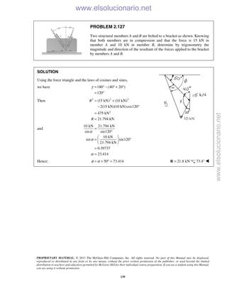 PROPRIETARY MATERIAL. © 2013 The McGraw-Hill Companies, Inc. All rights reserved. No part of this Manual may be displayed,
reproduced or distributed in any form or by any means, without the prior written permission of the publisher, or used beyond the limited
distribution to teachers and educators permitted by McGraw-Hill for their individual course preparation. If you are a student using this Manual,
you are using it without permission.
139
PROBLEM 2.127
Two structural members A and B are bolted to a bracket as shown. Knowing
that both members are in compression and that the force is 15 kN in
member A and 10 kN in member B, determine by trigonometry the
magnitude and direction of the resultant of the forces applied to the bracket
by members A and B.
SOLUTION
Using the force triangle and the laws of cosines and sines,
we have 180 (40 20 )
120
γ = ° − ° + °
= °
Then 2 2 2
2
(15 kN) (10 kN)
2(15 kN)(10 kN)cos120
475 kN
21.794 kN
R
R
= +
− °
=
=
and
10 kN 21.794 kN
sin sin120
10 kN
sin sin120
21.794 kN
0.39737
23.414
α
α
α
=
°
 
= ° 
 
=
=
Hence: 50 73.414φ α= + ° = 21.8 kN=R 73.4° 
www.elsolucionario.net
www.elsolucionario.net
 