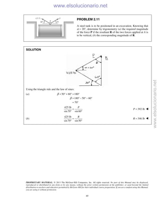 PROPRIETARY MATERIAL. © 2013 The McGraw-Hill Companies, Inc. All rights reserved. No part of this Manual may be displayed,
reproduced or distributed in any form or by any means, without the prior written permission of the publisher, or used beyond the limited
distribution to teachers and educators permitted by McGraw-Hill for their individual course preparation. If you are a student using this Manual,
you are using it without permission.
13
PROBLEM 2.11
A steel tank is to be positioned in an excavation. Knowing that
α = 20°, determine by trigonometry (a) the required magnitude
of the force P if the resultant R of the two forces applied at A is
to be vertical, (b) the corresponding magnitude of R.
SOLUTION
Using the triangle rule and the law of sines:
(a) 50 60 180
180 50 60
70
β
β
+ ° + ° = °
= ° − ° − °
= °
425 lb
sin 70 sin 60
P
=
° °
392 lbP = 
(b)
425 lb
sin 70 sin50
R
=
° °
346 lbR = 
www.elsolucionario.net
www.elsolucionario.net
 
