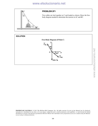 PROPRIETARY MATERIAL. © 2013 The McGraw-Hill Companies, Inc. All rights reserved. No part of this Manual may be displayed,
reproduced or distributed in any form or by any means, without the prior written permission of the publisher, or used beyond the limited
distribution to teachers and educators permitted by McGraw-Hill for their individual course preparation. If you are a student using this Manual,
you are using it without permission.
151
PROBLEM 2F1
Two cables are tied together at C and loaded as shown. Draw the free-
body diagram needed to determine the tension in AC and BC.
SOLUTION
Free-Body Diagram of Point C:

www.elsolucionario.net
www.elsolucionario.net
 