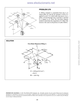 PROPRIETARY MATERIAL. © 2013 The McGraw-Hill Companies, Inc. All rights reserved. No part of this Manual may be displayed,
reproduced or distributed in any form or by any means, without the prior written permission of the publisher, or used beyond the limited
distribution to teachers and educators permitted by McGraw-Hill for their individual course preparation. If you are a student using this Manual,
you are using it without permission.
158
PROBLEM 2.F8
A 100-kg container is suspended from ring A, to
which cables AC and AE are attached. A force P is
applied to end F of a third cable that passes over a
pulley at B and through ring A and then is attached
to a support at D. Draw the free-body diagram
needed to determine the magnitude of P. (Hint: The
tension is the same in all portions of cable FBAD.)
SOLUTION
Free-Body Diagram of Ring A:
2
(100 kg)(9.81 m/s )
981 N
(681 N)
W =
=
= −W j


www.elsolucionario.net
www.elsolucionario.net
 