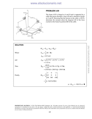 PROPRIETARY MATERIAL. © 2013 The McGraw-Hill Companies, Inc. All rights reserved. No part of this Manual may be displayed,
reproduced or distributed in any form or by any means, without the prior written permission of the publisher, or used beyond the limited
distribution to teachers and educators permitted by McGraw-Hill for their individual course preparation. If you are a student using this Manual,
you are using it without permission.
219
PROBLEM 3.59
The frame ACD is hinged at A and D and is supported by a
cable that passes through a ring at B and is attached to hooks
at G and H. Knowing that the tension in the cable is 450 N,
determine the moment about the diagonal AD of the force
exerted on the frame by portion BH of the cable.
SOLUTION
/( )AD AD B A BHM = ⋅ ×r Tλ
Where
/
1
(4 3 )
5
(0.5 m)
AD
B A
= −
=
i k
r i
λ
and 2 2 2
(0.375) (0.75) ( 0.75)
1.125 m
BHd = + + −
=
Then
450 N
(0.375 0.75 0.75 )
1.125
(150 N) (300 N) (300 N)
BH = + −
= + −
T i j k
i j k
Finally,
4 0 3
1
0.5 0 0
5
150 300 300
1
[( 3)(0.5)(300)]
5
ADM
−
=
−
= −
or 90.0 N mADM = − ⋅ 
www.elsolucionario.net
www.elsolucionario.net
 