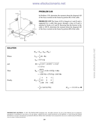 PROPRIETARY MATERIAL. © 2013 The McGraw-Hill Companies, Inc. All rights reserved. No part of this Manual may be displayed,
reproduced or distributed in any form or by any means, without the prior written permission of the publisher, or used beyond the limited
distribution to teachers and educators permitted by McGraw-Hill for their individual course preparation. If you are a student using this Manual,
you are using it without permission.
220
PROBLEM 3.60
In Problem 3.59, determine the moment about the diagonal AD
of the force exerted on the frame by portion BG of the cable.
PROBLEM 3.59 The frame ACD is hinged at A and D and is
supported by a cable that passes through a ring at B and is
attached to hooks at G and H. Knowing that the tension in the
cable is 450 N, determine the moment about the diagonal AD
of the force exerted on the frame by portion BH of the cable.
SOLUTION
/( )AD AD B A BGM = ⋅ ×r Tλ
Where
/
1
(4 3 )
5
(0.5 m)
AD
B A
= −
=
i k
r j
λ
and 2 2 2
( 0.5) (0.925) ( 0.4)
1.125 m
BG = − + + −
=
Then
450 N
( 0.5 0.925 0.4 )
1.125
(200 N) (370 N) (160 N)
BG = − + −
= − + −
T i j k
i j k
Finally,
4 0 3
1
0.5 0 0
5
200 370 160
ADM
−
=
− −
1
[( 3)(0.5)(370)]
5
= − 111.0 N mADM = − ⋅ 
www.elsolucionario.net
www.elsolucionario.net
 