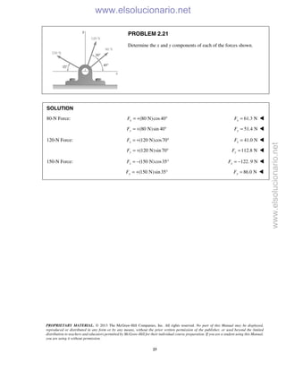 PROPRIETARY MATERIAL. © 2013 The McGraw-Hill Companies, Inc. All rights reserved. No part of this Manual may be displayed,
reproduced or distributed in any form or by any means, without the prior written permission of the publisher, or used beyond the limited
distribution to teachers and educators permitted by McGraw-Hill for their individual course preparation. If you are a student using this Manual,
you are using it without permission.
23
PROBLEM 2.21
Determine the x and y components of each of the forces shown.
SOLUTION
80-N Force: (80 N)cos40xF = + ° 61.3 NxF = 
(80 N)sin 40yF = + ° 51.4 NyF = 
120-N Force: (120 N)cos70xF = + ° 41.0 NxF = 
(120 N)sin 70yF = + ° 112.8 NyF = 
150-N Force: (150 N)cos35xF = − ° 122. 9 NxF = − 
(150 N)sin35yF = + ° 86.0 NyF = 
www.elsolucionario.net
www.elsolucionario.net
 