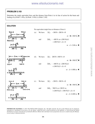 PROPRIETARY MATERIAL. © 2013 The McGraw-Hill Companies, Inc. All rights reserved. No part of this Manual may be displayed,
reproduced or distributed in any form or by any means, without the prior written permission of the publisher, or used beyond the limited
distribution to teachers and educators permitted by McGraw-Hill for their individual course preparation. If you are a student using this Manual,
you are using it without permission.
266
PROBLEM 3.103
Determine the single equivalent force and the distance from Point A to its line of action for the beam and
loading of (a) Prob. 3.101a, (b) Prob. 3.101b, (c) Prob. 3.102.
SOLUTION
For equivalent single force at distance d from A:
(a) We have : 300 N 200 NYF RΣ − − =
or 500 N=R 
and : 400 N m (300 N)( )
(200 N)(3 ) 0
CM d
d
Σ − ⋅ +
− − =
or 2.00 md = 
(b) We have : 200 N 300 NYF RΣ + =
or 500 N=R 
and : 400 N m (200 N)( )
(300 N)(3 ) 0
CM d
d
Σ − ⋅ −
+ − =
or 1.000 md = 
(c) We have : 200 N 300 NYF RΣ − − =
or 500 N=R 
and : 500 N m 200 N m
(200 N)( ) (300 N)(3 ) 0
CM
d d
Σ ⋅ + ⋅
+ − − =
or 0.400 md = 
www.elsolucionario.net
www.elsolucionario.net
 
