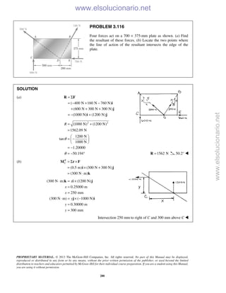 PROPRIETARY MATERIAL. © 2013 The McGraw-Hill Companies, Inc. All rights reserved. No part of this Manual may be displayed,
reproduced or distributed in any form or by any means, without the prior written permission of the publisher, or used beyond the limited
distribution to teachers and educators permitted by McGraw-Hill for their individual course preparation. If you are a student using this Manual,
you are using it without permission.
280
PROBLEM 3.116
Four forces act on a 700 × 375-mm plate as shown. (a) Find
the resultant of these forces. (b) Locate the two points where
the line of action of the resultant intersects the edge of the
plate.
SOLUTION
(a)
( 400 N 160 N 760 N)
(600 N 300 N 300 N)
(1000 N) (1200 N)
= Σ
= − + −
+ + +
= − +
R F
i
j
i j
2 2
(1000 N) (1200 N)
1562.09 N
1200 N
tan
1000 N
1.20000
50.194
R
θ
θ
= +
=
 
= − 
 
= −
= − ° 1562 N=R 50.2° 
(b)
(0.5 m) (300 N 300 N)
(300 N m)
R
C = Σ ×
= × +
= ⋅
M r F
i j
k
(300 N m) (1200 N)
0.25000 m
250 mm
(300 N m) ( 1000 N)
0.30000 m
300 mm
x
x
x
y
y
y
⋅ = ×
=
=
⋅ = × −
=
=
k i j
j i
Intersection 250 mm to right of C and 300 mm above C  www.elsolucionario.net
www.elsolucionario.net
 