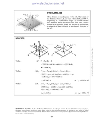 PROPRIETARY MATERIAL. © 2013 The McGraw-Hill Companies, Inc. All rights reserved. No part of this Manual may be displayed,
reproduced or distributed in any form or by any means, without the prior written permission of the publisher, or used beyond the limited
distribution to teachers and educators permitted by McGraw-Hill for their individual course preparation. If you are a student using this Manual,
you are using it without permission.
293
PROBLEM 3.128
Three children are standing on a 5 5-m raft.× The weights of
the children at Points A, B, and C are 375 N, 260 N, and 400 N,
respectively. If a fourth child of weight 425 N climbs onto the
raft, determine where she should stand if the other children
remain in the positions shown and the line of action of the
resultant of the four weights is to pass through the center of
the raft.
SOLUTION
We have : A B CΣ + + =F F F F R
(375 N) (260 N) (400 N) (425 N)− − − − =j j j j R
(1460 N)= −R j
We have : ( ) ( ) ( ) ( ) ( )x A A B B C C D D HM F z F z F z F z R zΣ + + + =
(375 N)(3 m) (260 N)(0.5 m) (400 N)(4.75 m)
(425 N)( ) (1460 N)(2.5 m)Dz
+ +
+ =
1.16471mDz = or 1.165 mDz = 
We have : ( ) ( ) ( ) ( ) ( )z A A B B C C D D HM F x F x F x F x R xΣ + + + =
(375 N)(1m) (260 N)(1.5 m) (400 N)(4.75 m)
(425 N)( ) (1460 N)(2.5 m)Dx
+ +
+ =
2.3235 mDx = or 2.32 mDx =  www.elsolucionario.net
www.elsolucionario.net
 