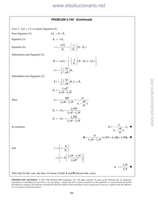 PROPRIETARY MATERIAL. © 2013 The McGraw-Hill Companies, Inc. All rights reserved. No part of this Manual may be displayed,
reproduced or distributed in any form or by any means, without the prior written permission of the publisher, or used beyond the limited
distribution to teachers and educators permitted by McGraw-Hill for their individual course preparation. If you are a student using this Manual,
you are using it without permission.
326
PROBLEM 3.146* (Continued)
Case 1: Let 0z = to satisfy Equation (4).
Now Equation (2): y yA R Bλ = −
Equation (3): z zB Aλ= −
Equation (6): ( )
y
y
y y
aA a
x R B
B B
λ  
= − = − − 
 
 
Substitution into Equation (5):
( )( )
1
z y z
y
y
z
a
M aA R B A
B
M
A B
aR
λ λ
λ
  
 = − − − − − 
    
 
= −  
 
Substitution into Equation (2):
2
1
y y y
z
z
y
z y
M
R B B
aR
aR
B
aR M
λ
λ
λ
λ λ
 
= − + 
 
=
−
Then
z y
y z
x
x x
z y
z
z z
z y
MR R
A
aRaR M
M
MR
B A
aR M
MR
B A
aR M
λ λ λ λ
λ
λ
λ λ
λ
λ
λ λ
= − =
− −
= − =
−
= − =
−
In summary, A
y z
P
aR
M
λ
λ λ
=
−
A 
( )x z z
z y
R
M aR M
aR M
λ λ λ
λ λ
= + +
−
B i j k 
and
2
1
1
y
z y
z
R
x a
B
aR M
a R
aR
λ λ
λ
 
= − 
 
 
 − 
= −   
   
or
y
z
M
x
R
λ
λ
= 
Note that for this case, the lines of action of both A and B intersect the x-axis.
www.elsolucionario.net
www.elsolucionario.net
 