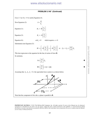 PROPRIETARY MATERIAL. © 2013 The McGraw-Hill Companies, Inc. All rights reserved. No part of this Manual may be displayed,
reproduced or distributed in any form or by any means, without the prior written permission of the publisher, or used beyond the limited
distribution to teachers and educators permitted by McGraw-Hill for their individual course preparation. If you are a student using this Manual,
you are using it without permission.
327
PROBLEM 3.146* (Continued)
Case 2: Let 0yB = to satisfy Equation (4).
Now Equation (2):
y
R
A
λ
=
Equation (1): x
x
y
B R
λ
λ
 
= −  
 
 
Equation (3): z
z
y
B R
λ
λ
 
= −  
 
 
Equation (6): 0yaAλ = which requires 0a =
Substitution into Equation (5):
orx z
z x y
y y
M
M z R x R x z
R
λ λ
λ λ λ
λ λ
        
   = − − − − =                   
This last expression is the equation for the line of action of force B.
In summary,
A
y
R
λ
λ
 
=  
 
 
A 
( )x x
y
R
λ λ
λ
 
= − − 
 
 
B i k 
Assuming that , , 0,x y zλ λ λ Ͼ the equivalent force system is as shown below.
Note that the component of A in the xz-plane is parallel to B.
www.elsolucionario.net
www.elsolucionario.net
 