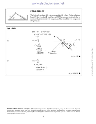 PROPRIETARY MATERIAL. © 2013 The McGraw-Hill Companies, Inc. All rights reserved. No part of this Manual may be displayed,
reproduced or distributed in any form or by any means, without the prior written permission of the publisher, or used beyond the limited
distribution to teachers and educators permitted by McGraw-Hill for their individual course preparation. If you are a student using this Manual,
you are using it without permission.
32
PROBLEM 2.30
The hydraulic cylinder BC exerts on member AB a force P directed along
line BC. Knowing that P must have a 600-N component perpendicular to
member AB, determine (a) the magnitude of the force P, (b) its component
along line AB.
SOLUTION
180 45 90 30
180 45 90 30
15
α
α
° = ° + + ° + °
= ° − ° − ° − °
= °
(a) cos
cos
600 N
cos15
621.17 N
x
x
P
P
P
P
α
α
=
=
=
°
=
621 NP = 
(b) tan
tan
(600 N)tan15
160.770 N
y
x
y x
P
P
P P
α
α
=
=
= °
=
160.8 NyP = 
www.elsolucionario.net
www.elsolucionario.net
 