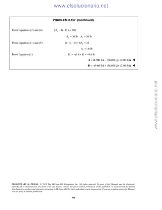 PROPRIETARY MATERIAL. © 2013 The McGraw-Hill Companies, Inc. All rights reserved. No part of this Manual may be displayed,
reproduced or distributed in any form or by any means, without the prior written permission of the publisher, or used beyond the limited
distribution to teachers and educators permitted by McGraw-Hill for their individual course preparation. If you are a student using this Manual,
you are using it without permission.
340
PROBLEM 3.157 (Continued)
From Equations (2) and (4): 2 8( ) 360y yB B− − =
36 lb 36 lby yB A= =
From Equations (1) and (5): 2( 8) 8 32x xA A− − + =
1.6 lbxA =
From Equation (1): (1.6 8) 9.6 lbxB = − + = −
(1.600 lb) (36.0 lb) (2.00 lb)= − +A i j k 
(9.60 lb) (36.0 lb) (2.00 lb)= − + +B i j k 
www.elsolucionario.net
www.elsolucionario.net
 