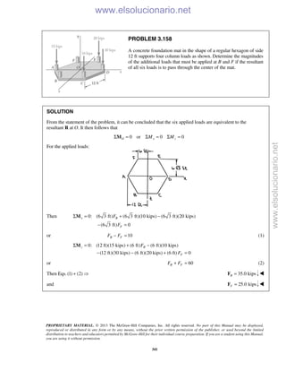 PROPRIETARY MATERIAL. © 2013 The McGraw-Hill Companies, Inc. All rights reserved. No part of this Manual may be displayed,
reproduced or distributed in any form or by any means, without the prior written permission of the publisher, or used beyond the limited
distribution to teachers and educators permitted by McGraw-Hill for their individual course preparation. If you are a student using this Manual,
you are using it without permission.
341
PROBLEM 3.158
A concrete foundation mat in the shape of a regular hexagon of side
12 ft supports four column loads as shown. Determine the magnitudes
of the additional loads that must be applied at B and F if the resultant
of all six loads is to pass through the center of the mat.
SOLUTION
From the statement of the problem, it can be concluded that the six applied loads are equivalent to the
resultant R at O. It then follows that
0 or 0 0O x zM MΣ = Σ = Σ =M
For the applied loads:
Then 0: (6 3 ft) (6 3 ft)(10 kips) (6 3 ft)(20 kips)
(6 3 ft) 0
x B
F
F
F
Σ = + −
− =
M
or 10B FF F− = (1)
0: (12 ft)(15 kips) (6 ft) (6 ft)(10 kips)
(12 ft)(30 kips) (6 ft)(20 kips) (6 ft) 0
z B
F
F
F
Σ = + −
− − + =
M
or 60B FF F+ = (2)
Then Eqs.(1) (2)+  35.0 kipsB =F 
and 25.0 kipsF =F 
www.elsolucionario.net
www.elsolucionario.net
 