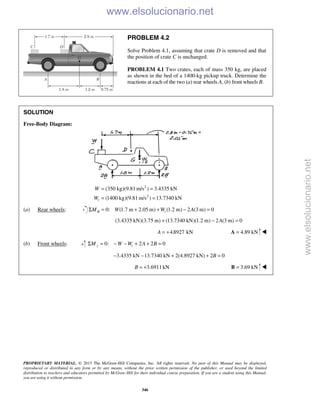 PROPRIETARY MATERIAL. © 2013 The McGraw-Hill Companies, Inc. All rights reserved. No part of this Manual may be displayed,
reproduced or distributed in any form or by any means, without the prior written permission of the publisher, or used beyond the limited
distribution to teachers and educators permitted by McGraw-Hill for their individual course preparation. If you are a student using this Manual,
you are using it without permission.
346
PROBLEM 4.2
Solve Problem 4.1, assuming that crate D is removed and that
the position of crate C is unchanged.
PROBLEM 4.1 Two crates, each of mass 350 kg, are placed
as shown in the bed of a 1400-kg pickup truck. Determine the
reactions at each of the two (a) rear wheels A, (b) front wheels B.
SOLUTION
Free-Body Diagram:
2
2
(350 kg)(9.81 m/s ) 3.4335 kN
(1400 kg)(9.81m/s ) 13.7340 kNt
W
W
= =
= =
(a) Rear wheels: 0: (1.7 m 2.05 m) (1.2 m) 2 (3 m) 0B tM W W AΣ = + + − =
(3.4335 kN)(3.75 m) (13.7340 kN)(1.2 m) 2 (3 m) 0A+ − =
4.8927 kNA = + 4.89 kN=A 
(b) Front wheels: 0: 2 2 0y tM W W A BΣ = − − + + =
3.4335 kN 13.7340 kN 2(4.8927 kN) 2 0B− − + + =
3.6911 kNB = + 3.69 kN=B 
www.elsolucionario.net
www.elsolucionario.net
 