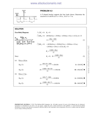 PROPRIETARY MATERIAL. © 2013 The McGraw-Hill Companies, Inc. All rights reserved. No part of this Manual may be displayed,
reproduced or distributed in any form or by any means, without the prior written permission of the publisher, or used beyond the limited
distribution to teachers and educators permitted by McGraw-Hill for their individual course preparation. If you are a student using this Manual,
you are using it without permission.
347
PROBLEM 4.3
A T-shaped bracket supports the four loads shown. Determine the
reactions at A and B (a) if 10 in.,a = (b) if 7 in.a =
SOLUTION
Free-Body Diagram: 0: 0x xF BΣ = =
0: (40 lb)(6 in.) (30 lb) (10 lb)( 8 in.) (12 in.) 0BM a a AΣ = − − + + =
(40 160)
12
a
A
−
= (1)
0: (40 lb)(6 in.) (50 lb)(12 in.) (30 lb)( 12 in.)
(10 lb)( 20 in.) (12 in.) 0
A
y
M a
a B
Σ = − − − +
− + + =
(1400 40 )
12
y
a
B
+
=
Since
(1400 40 )
0,
12
x
a
B B
+
= = (2)
(a) For 10 in.,a =
Eq. (1):
(40 10 160)
20.0 lb
12
A
× −
= = + 20.0 lb=A 
Eq. (2):
(1400 40 10)
150.0 lb
12
B
+ ×
= = + 150.0 lb=B 
(b) For 7 in.,a =
Eq. (1):
(40 7 160)
10.00 lb
12
A
× −
= = + 10.00 lb=A 
Eq. (2):
(1400 40 7)
140.0 lb
12
B
+ ×
= = + 140.0 lb=B 
www.elsolucionario.net
www.elsolucionario.net
 