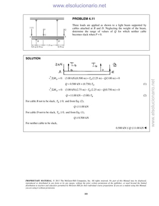 PROPRIETARY MATERIAL. © 2013 The McGraw-Hill Companies, Inc. All rights reserved. No part of this Manual may be displayed,
reproduced or distributed in any form or by any means, without the prior written permission of the publisher, or used beyond the limited
distribution to teachers and educators permitted by McGraw-Hill for their individual course preparation. If you are a student using this Manual,
you are using it without permission.
355
PROBLEM 4.11
Three loads are applied as shown to a light beam supported by
cables attached at B and D. Neglecting the weight of the beam,
determine the range of values of Q for which neither cable
becomes slack when P = 0.
SOLUTION
0: (3.00 kN)(0.500 m) (2.25 m) (3.00 m) 0B DM T QΣ = + − =
0.500 kN (0.750) DQ T= + (1)
0: (3.00 kN)(2.75 m) (2.25 m) (0.750 m) 0D BM T QΣ = − − =
11.00 kN (3.00) BQ T= − (2)
For cable B not to be slack, 0,BT ≥ and from Eq. (2),
11.00 kNQ ≤
For cable D not to be slack, 0,DT ≥ and from Eq. (1),
0.500 kNQ ≥
For neither cable to be slack,
0.500 kN 11.00 kNQ≤ ≤ 
www.elsolucionario.net
www.elsolucionario.net
 