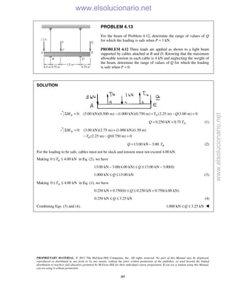 PROPRIETARY MATERIAL. © 2013 The McGraw-Hill Companies, Inc. All rights reserved. No part of this Manual may be displayed,
reproduced or distributed in any form or by any means, without the prior written permission of the publisher, or used beyond the limited
distribution to teachers and educators permitted by McGraw-Hill for their individual course preparation. If you are a student using this Manual,
you are using it without permission.
357
PROBLEM 4.13
For the beam of Problem 4.12, determine the range of values of Q
for which the loading is safe when P = 1 kN.
PROBLEM 4.12 Three loads are applied as shown to a light beam
supported by cables attached at B and D. Knowing that the maximum
allowable tension in each cable is 4 kN and neglecting the weight of
the beam, determine the range of values of Q for which the loading
is safe when P = 0.
SOLUTION
0: (3.00 kN)(0.500 m) (1.000 kN)(0.750 m) (2.25 m) (3.00 m) 0B DM T QΣ = − + − =
0.250 kN 0.75 DQ T= + (1)
0: (3.00 kN)(2.75 m) (1.000 kN)(1.50 m)
(2.25 m) (0.750 m) 0
D
B
M
T Q
Σ = +
− − =
13.00 kN 3.00 BQ T= − (2)
For the loading to be safe, cables must not be slack and tension must not exceed 4.00 kN.
Making 0 4.00 kNBT≤ ≤ in Eq. (2), we have
13.00 kN 3.00(4.00 kN) 13.00 kN 3.00(0)Q− ≤ ≤ −
1.000 kN 13.00 kNQ≤ ≤ (3)
Making 0 4.00 kNDT≤ ≤ in Eq. (1), we have
0.250 kN 0.750(0) 0.250 kN 0.750(4.00 kN)Q+ ≤ ≤ +
0.250 kN 3.25 kNQ≤ ≤ (4)
Combining Eqs. (3) and (4), 1.000 kN 3.25 kNQ≤ ≤ 
www.elsolucionario.net
www.elsolucionario.net
 