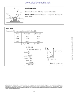 PROPRIETARY MATERIAL. © 2013 The McGraw-Hill Companies, Inc. All rights reserved. No part of this Manual may be displayed,
reproduced or distributed in any form or by any means, without the prior written permission of the publisher, or used beyond the limited
distribution to teachers and educators permitted by McGraw-Hill for their individual course preparation. If you are a student using this Manual,
you are using it without permission.
34
PROBLEM 2.32
Determine the resultant of the three forces of Problem 2.21.
PROBLEM 2.21 Determine the x and y components of each of the
forces shown.
SOLUTION
Components of the forces were determined in Problem 2.21:
Force x Comp. (N) y Comp. (N)
80 N +61.3 +51.4
120 N +41.0 +112.8
150 N –122.9 +86.0
20.6xR = − 250.2yR = +
( 20.6 N) (250.2 N)
tan
250.2 N
tan
20.6 N
tan 12.1456
85.293
250.2 N
sin85.293
x y
y
x
R R
R
R
R
α
α
α
α
= +
= − +
=
=
=
= °
=
°
R i j
i j
251 N=R 85.3° 
www.elsolucionario.net
www.elsolucionario.net
 