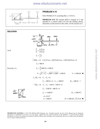 PROPRIETARY MATERIAL. © 2013 The McGraw-Hill Companies, Inc. All rights reserved. No part of this Manual may be displayed,
reproduced or distributed in any form or by any means, without the prior written permission of the publisher, or used beyond the limited
distribution to teachers and educators permitted by McGraw-Hill for their individual course preparation. If you are a student using this Manual,
you are using it without permission.
360
PROBLEM 4.16
Solve Problem 4.15, assuming that 0.32 m.a =
PROBLEM 4.15 The bracket BCD is hinged at C and
attached to a control cable at B. For the loading shown,
determine (a) the tension in the cable, (b) the reaction at C.
SOLUTION
At B:
0.32 m
0.24 m
4
3
y
x
y x
T
T
T T
=
=
0: (0.32 m) (240 N)(0.4 m) (240 N)(0.8 m) 0C xM TΣ = − − =
900 NxT =
From Eq. (1):
4
(900 N) 1200 N
3
yT = =
2 2 2 2
900 1200 1500 Nx yT T T= + = + = 1.500 kNT = 
0: 0x x xF C TΣ = − =
900 N 0 900 Nx xC C− = = + 900 Nx =C
0: 240 N 240 N 0y y yF C TΣ = − − − =
1200 N 480 N 0yC − − =
1680 NyC = + 1680 Ny =C
61.8
1906 NC
α = °
= 1.906 kN=C 61.8° 
www.elsolucionario.net
www.elsolucionario.net
 