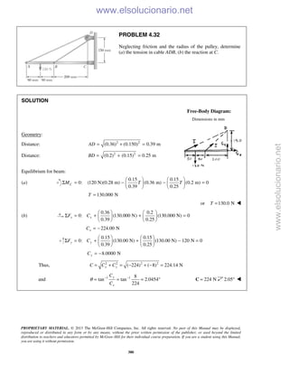 PROPRIETARY MATERIAL. © 2013 The McGraw-Hill Companies, Inc. All rights reserved. No part of this Manual may be displayed,
reproduced or distributed in any form or by any means, without the prior written permission of the publisher, or used beyond the limited
distribution to teachers and educators permitted by McGraw-Hill for their individual course preparation. If you are a student using this Manual,
you are using it without permission.
380
PROBLEM 4.32
Neglecting friction and the radius of the pulley, determine
(a) the tension in cable ADB, (b) the reaction at C.
SOLUTION
Free-Body Diagram:
Dimensions in mm
Geometry:
Distance: 2 2
(0.36) (0.150) 0.39 mAD = + =
Distance: 2 2
(0.2) (0.15) 0.25 mBD = + =
Equilibrium for beam:
(a)
0.15 0.15
0: (120 N)(0.28 m) (0.36 m) (0.2 m) 0
0.39 0.25
CM T T
   
Σ = − − =   
   
130.000 NT =
or 130.0 NT = 
(b)
0.36 0.2
0: (130.000 N) (130.000 N) 0
0.39 0.25
x xF C
   
Σ = + + =   
   
224.00 NxC = −
0.15 0.15
0: (130.00 N) (130.00 N) 120 N 0
0.39 0.25
y yF C
   
Σ = + + − =   
   
8.0000 NyC = −
Thus, 2 2 2 2
( 224) ( 8) 224.14 Nx yC C C= + = − + − =
and 1 1 8
tan tan 2.0454
224
y
x
C
C
θ − −
= = = ° 224 N=C 2.05°  www.elsolucionario.net
www.elsolucionario.net
 