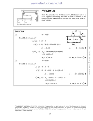 PROPRIETARY MATERIAL. © 2013 The McGraw-Hill Companies, Inc. All rights reserved. No part of this Manual may be displayed,
reproduced or distributed in any form or by any means, without the prior written permission of the publisher, or used beyond the limited
distribution to teachers and educators permitted by McGraw-Hill for their individual course preparation. If you are a student using this Manual,
you are using it without permission.
391
PROBLEM 4.43
Beam AD carries the two 40-lb loads shown. The beam is held by a
fixed support at D and by the cable BE that is attached to the
counterweight W. Determine the reaction at D when (a) 100W = lb,
(b) 90 lb.W =
SOLUTION
(a) 100 lbW =
From F.B.D. of beam AD:
0: 0x xF DΣ = =
0: 40 lb 40 lb 100 lb 0y yF DΣ = − − + =
20.0 lbyD = − or 20.0 lb=D 
0: (100 lb)(5 ft) (40 lb)(8 ft)
(40 lb)(4 ft) 0
D DM MΣ = − +
+ =
20.0 lb ftDM = ⋅ or 20.0 lb ftD = ⋅M 
(b) 90 lbW =
From F.B.D. of beam AD:
0: 0x xF DΣ = =
0: 90 lb 40 lb 40 lb 0y yF DΣ = + − − =
10.00 lbyD = − or 10.00 lb=D 
0: (90 lb)(5 ft) (40 lb)(8 ft)
(40 lb)(4 ft) 0
D DM MΣ = − +
+ =
30.0 lb ftDM = − ⋅ or 30.0 lb ftD = ⋅M 
www.elsolucionario.net
www.elsolucionario.net
 