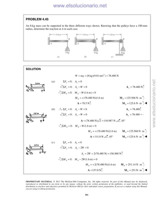 PROPRIETARY MATERIAL. © 2013 The McGraw-Hill Companies, Inc. All rights reserved. No part of this Manual may be displayed,
reproduced or distributed in any form or by any means, without the prior written permission of the publisher, or used beyond the limited
distribution to teachers and educators permitted by McGraw-Hill for their individual course preparation. If you are a student using this Manual,
you are using it without permission.
393
PROBLEM 4.45
An 8-kg mass can be supported in the three different ways shown. Knowing that the pulleys have a 100-mm
radius, determine the reaction at A in each case.
SOLUTION














2
(8 kg)(9.81 m/s ) 78.480 NW mg= = =
(a) 0: 0x xF AΣ = =
0: 0y yF A WΣ = − = 78.480 Ny =A
0: (1.6 m) 0A AM M WΣ = − =
(78.480 N)(1.6 m)AM = + 125.568 N mA = ⋅M
78.5 N=A 125.6 N mA = ⋅M 
(b) 0: 0x xF A WΣ = − = 78.480x =A
0: 0y yF A WΣ = − = 78.480y =A
(78.480 N) 2 110.987 N= =A 45°
0: (1.6 m) 0A AM M WΣ = − =
(78.480 N)(1.6 m) 125.568 N mA AM = + = ⋅M
111.0 N=A 45° 125.6 N mA = ⋅M 
(c) 0: 0x xF AΣ = =
0: 2 0y yF A WΣ = − =
2 2(78.480 N) 156.960 NyA W= = =
0: 2 (1.6 m) 0A AM M WΣ = − =
2(78.480 N)(1.6 m)AM = + 251.14 N mA = ⋅M
157.0 N=A 251 N mA = ⋅M 
www.elsolucionario.net
www.elsolucionario.net
 