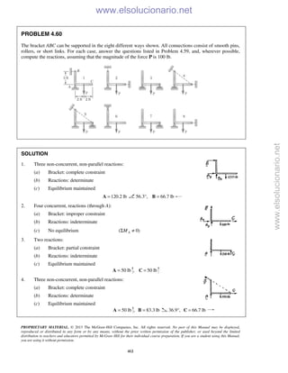 PROPRIETARY MATERIAL. © 2013 The McGraw-Hill Companies, Inc. All rights reserved. No part of this Manual may be displayed,
reproduced or distributed in any form or by any means, without the prior written permission of the publisher, or used beyond the limited
distribution to teachers and educators permitted by McGraw-Hill for their individual course preparation. If you are a student using this Manual,
you are using it without permission.
412
PROBLEM 4.60
The bracket ABC can be supported in the eight different ways shown. All connections consist of smooth pins,
rollers, or short links. For each case, answer the questions listed in Problem 4.59, and, wherever possible,
compute the reactions, assuming that the magnitude of the force P is 100 lb.
SOLUTION
1. Three non-concurrent, non-parallel reactions:
(a) Bracket: complete constraint
(b) Reactions: determinate
(c) Equilibrium maintained
120.2 lb=A 56.3°, 66.7 lb=B
2. Four concurrent, reactions (through A):
(a) Bracket: improper constraint
(b) Reactions: indeterminate
(c) No equilibrium ( 0)AMΣ ≠
3. Two reactions:
(a) Bracket: partial constraint
(b) Reactions: indeterminate
(c) Equilibrium maintained
50 lb=A , 50 lb=C
4. Three non-concurrent, non-parallel reactions:
(a) Bracket: complete constraint
(b) Reactions: determinate
(c) Equilibrium maintained
50 lb=A , 83.3 lb=B 36.9°, 66.7 lb=C
www.elsolucionario.net
www.elsolucionario.net
 