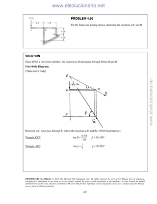 PROPRIETARY MATERIAL. © 2013 The McGraw-Hill Companies, Inc. All rights reserved. No part of this Manual may be displayed,
reproduced or distributed in any form or by any means, without the prior written permission of the publisher, or used beyond the limited
distribution to teachers and educators permitted by McGraw-Hill for their individual course preparation. If you are a student using this Manual,
you are using it without permission.
419
PROBLEM 4.66
For the frame and loading shown, determine the reactions at C and D.
SOLUTION
Since BD is a two-force member, the reaction at D must pass through Points B and D.
Free-Body Diagram:
(Three-force body)
Reaction at C must pass through E, where the reaction at D and the 150-lb load intersect.
Triangle CEF:
4.5 ft
tan 56.310
3 ft
β β= = °
Triangle ABE:
1
tan 26.565
2
γ γ= = °
www.elsolucionario.net
www.elsolucionario.net
 