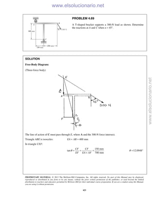 PROPRIETARY MATERIAL. © 2013 The McGraw-Hill Companies, Inc. All rights reserved. No part of this Manual may be displayed,
reproduced or distributed in any form or by any means, without the prior written permission of the publisher, or used beyond the limited
distribution to teachers and educators permitted by McGraw-Hill for their individual course preparation. If you are a student using this Manual,
you are using it without permission.
423
PROBLEM 4.69
A T-shaped bracket supports a 300-N load as shown. Determine
the reactions at A and C when α = 45°.
SOLUTION
Free-Body Diagram:
(Three-force body)
The line of action of C must pass through E, where A and the 300-N force intersect.
Triangle ABE is isosceles: 400 mmEA AB= =
In triangle CEF:
150 mm
tan
700 mm
CF CF
EF EA AF
θ = = =
+
12.0948θ = ° www.elsolucionario.net
www.elsolucionario.net
 