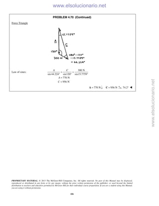 PROPRIETARY MATERIAL. © 2013 The McGraw-Hill Companies, Inc. All rights reserved. No part of this Manual may be displayed,
reproduced or distributed in any form or by any means, without the prior written permission of the publisher, or used beyond the limited
distribution to teachers and educators permitted by McGraw-Hill for their individual course preparation. If you are a student using this Manual,
you are using it without permission.
426
PROBLEM 4.70 (Continued)
Force Triangle
Law of sines:
300 N
sin 44.224 sin120 sin15.7759
770 N
956 N
A C
A
C
= =
° ° °
=
=
770 N=A ; 956 N=C 74.2° 
www.elsolucionario.net
www.elsolucionario.net
 