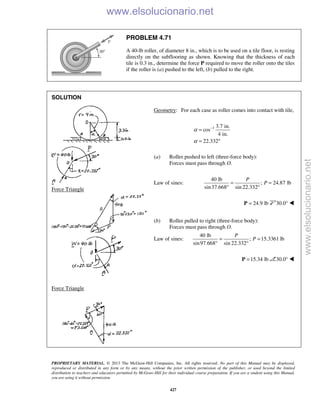PROPRIETARY MATERIAL. © 2013 The McGraw-Hill Companies, Inc. All rights reserved. No part of this Manual may be displayed,
reproduced or distributed in any form or by any means, without the prior written permission of the publisher, or used beyond the limited
distribution to teachers and educators permitted by McGraw-Hill for their individual course preparation. If you are a student using this Manual,
you are using it without permission.
427
PROBLEM 4.71
A 40-lb roller, of diameter 8 in., which is to be used on a tile floor, is resting
directly on the subflooring as shown. Knowing that the thickness of each
tile is 0.3 in., determine the force P required to move the roller onto the tiles
if the roller is (a) pushed to the left, (b) pulled to the right.
SOLUTION


Force Triangle


Force Triangle


Geometry: For each case as roller comes into contact with tile,
1 3.7 in.
cos
4 in.
22.332
α
α
−
=
= °
(a) Roller pushed to left (three-force body):
Forces must pass through O.
Law of sines:
40 lb
; 24.87 lb
sin37.668 sin 22.332
P
P= =
° °
24.9 lb=P 30.0° 
(b) Roller pulled to right (three-force body):
Forces must pass through O.
Law of sines:
40 lb
; 15.3361 lb
sin97.668 sin 22.332
P
P= =
° °
15.34 lb=P 30.0° 

www.elsolucionario.net
www.elsolucionario.net
 
