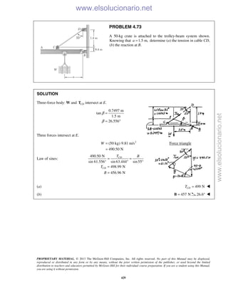 PROPRIETARY MATERIAL. © 2013 The McGraw-Hill Companies, Inc. All rights reserved. No part of this Manual may be displayed,
reproduced or distributed in any form or by any means, without the prior written permission of the publisher, or used beyond the limited
distribution to teachers and educators permitted by McGraw-Hill for their individual course preparation. If you are a student using this Manual,
you are using it without permission.
429
PROBLEM 4.73
A 50-kg crate is attached to the trolley-beam system shown.
Knowing that 1.5 m,a = determine (a) the tension in cable CD,
(b) the reaction at B.
SOLUTION
Three-force body: W and CDT intersect at E.
0.7497 m
tan
1.5 m
26.556
β
β
=
= °
Three forces intersect at E.
2
(50 kg) 9.81 m/s
490.50 N
W =
=
Force triangle
Law of sines:
490.50 N
sin 61.556° sin 63.444 sin55
498.99 N
456.96 N
CD
CD
T B
T
B
= =
° °
=
=
(a) 499 NCDT = 
(b) 457 N=B 26.6° 
www.elsolucionario.net
www.elsolucionario.net
 