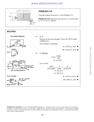PROPRIETARY MATERIAL. © 2013 The McGraw-Hill Companies, Inc. All rights reserved. No part of this Manual may be displayed,
reproduced or distributed in any form or by any means, without the prior written permission of the publisher, or used beyond the limited
distribution to teachers and educators permitted by McGraw-Hill for their individual course preparation. If you are a student using this Manual,
you are using it without permission.
436
PROBLEM 4.79
Using the method of Section 4.7, solve Problem 4.23.
PROBLEM 4.23 Determine the reactions at A and B when
(a) 0,h = (b) 200 mm.h =
SOLUTION






Force Triangle

(a) h = 0
Reaction A must pass through C where the 150-N weight
and B interect.
Force triangle is equilateral.
150.0 N=A 30.0° 
150.0 N=B 30.0° 
(b) h = 200 mm
55.662
tan
250
12.5521
β
β
=
= °
Law of sines:
150 N
sin17.4480° sin60 sin102.552
433.24 N
488.31 N
A B
A
B
= =
° °
=
=
433 N=A 12.55° 
488 N=B 30.0° 
Free-Body Diagram:
www.elsolucionario.net
www.elsolucionario.net
 
