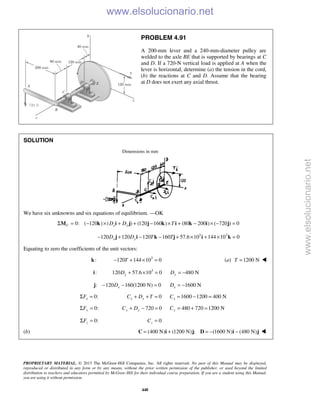 PROPRIETARY MATERIAL. © 2013 The McGraw-Hill Companies, Inc. All rights reserved. No part of this Manual may be displayed,
reproduced or distributed in any form or by any means, without the prior written permission of the publisher, or used beyond the limited
distribution to teachers and educators permitted by McGraw-Hill for their individual course preparation. If you are a student using this Manual,
you are using it without permission.
448
PROBLEM 4.91
A 200-mm lever and a 240-mm-diameter pulley are
welded to the axle BE that is supported by bearings at C
and D. If a 720-N vertical load is applied at A when the
lever is horizontal, determine (a) the tension in the cord,
(b) the reactions at C and D. Assume that the bearing
at D does not exert any axial thrust.
SOLUTION
Dimensions in mm
We have six unknowns and six equations of equilibrium. —OK
0: ( 120 ) ( ) (120 160 ) (80 200 ) ( 720 ) 0C x yD D TΣ = − × + + − × + − × − =M k i j j k i k i j
3 3
120 120 120 160 57.6 10 144 10 0x yD D T T− + − − + × + × =j i k j i k
Equating to zero the coefficients of the unit vectors:
:k 3
120 144 10 0T− + × = (a) 1200 NT = 
:i 3
120 57.6 10 0 480 Ny yD D+ × = = −
: 120 160(1200 N) 0xD− − =j 1600 NxD = −
0:xFΣ = 0x xC D T+ + = 1600 1200 400 NxC = − =
0:yFΣ = 720 0y yC D+ − = 480 720 1200 NyC = + =
0:zFΣ = 0zC =
(b) (400 N) (1200 N) ; (1600 N) (480 N)= + = − −C i j D i j 
www.elsolucionario.net
www.elsolucionario.net
 