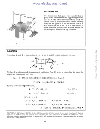 PROPRIETARY MATERIAL. © 2013 The McGraw-Hill Companies, Inc. All rights reserved. No part of this Manual may be displayed,
reproduced or distributed in any form or by any means, without the prior written permission of the publisher, or used beyond the limited
distribution to teachers and educators permitted by McGraw-Hill for their individual course preparation. If you are a student using this Manual,
you are using it without permission.
452
PROBLEM 4.95
Two transmission belts pass over a double-sheaved
pulley that is attached to an axle supported by bearings
at A and D. The radius of the inner sheave is 125 mm
and the radius of the outer sheave is 250 mm. Knowing
that when the system is at rest, the tension is 90 N in
both portions of belt B and 150 N in both portions of
belt C, determine the reactions at A and D. Assume that
the bearing at D does not exert any axial thrust.
SOLUTION
We replace BT and B′T by their resultant ( 180 N)− j and CT and C′T by their resultant ( 300 N) .− k
Dimensions in mm
We have five unknowns and six equations of equilibrium. Axle AD is free to rotate about the x-axis, but
equilibrium is maintained ( 0).xMΣ =
0: (150 ) ( 180 ) (250 ) ( 300 ) (450 ) ( ) 0A y zD DΣ = × − + × − + × + =M i j i k i j k
3 3
27 10 75 10 450 450 0y zD D− × + × + − =k j k j
Equating coefficients of j and k to zero,
:j 3
75 10 450 0zD× − = 166.7 NzD =
3
: 27 10 450 0yD− × + =k 60.0 NyD =
0:xFΣ = 0xA =
0: 180 N 0y y yF A DΣ = + − = 180 60 120.0 NyA = − =
0: 300 N 0z z zF A DΣ = + − = 300 166.7 133.3 NzA = − =
(120.0 N) (133.3 N) ; (60.0 N) (166.7 N)= + = +A j k D j k 
www.elsolucionario.net
www.elsolucionario.net
 