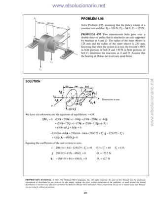 PROPRIETARY MATERIAL. © 2013 The McGraw-Hill Companies, Inc. All rights reserved. No part of this Manual may be displayed,
reproduced or distributed in any form or by any means, without the prior written permission of the publisher, or used beyond the limited
distribution to teachers and educators permitted by McGraw-Hill for their individual course preparation. If you are a student using this Manual,
you are using it without permission.
453
PROBLEM 4.96
Solve Problem 4.95, assuming that the pulley rotates at a
constant rate and that TB = 104 N, T′B = 84 N, TC = 175 N.
PROBLEM 4.95 Two transmission belts pass over a
double-sheaved pulley that is attached to an axle supported
by bearings at A and D. The radius of the inner sheave is
125 mm and the radius of the outer sheave is 250 mm.
Knowing that when the system is at rest, the tension is 90 N
in both portions of belt B and 150 N in both portions of
belt C, determine the reactions at A and D. Assume that
the bearing at D does not exert any axial thrust.
SOLUTION
Dimensions in mm
We have six unknowns and six equations of equilibrium. —OK
0: (150 250 ) ( 104 ) (150 250 ) ( 84 )
(250 125 ) ( 175 ) (250 125 ) ( )
450 ( ) 0
A
C
y z
T
D D
Σ = + × − + − × −
+ + × − + − × −
+ × + =
M i k j i k j
j k i ji
i j k
150(104 84) 250(104 84) 250(175 ) 125(175 )
450 450 0
C C
y z
T T
D D
′ ′− + + − + + − −
+ − =
k i j
k j
Equating the coefficients of the unit vectors to zero,
: 250(104 84) 125(175 ) 0 175 40 135;C C CT T T′ ′ ′− − − = = = =i
: 250(175 135) 450 0zD+ − =j 172.2 NzD =
: 150(104 84) 450 0yD− + + =k 62.7 NyD =
www.elsolucionario.net
www.elsolucionario.net
 