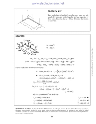 PROPRIETARY MATERIAL. © 2013 The McGraw-Hill Companies, Inc. All rights reserved. No part of this Manual may be displayed,
reproduced or distributed in any form or by any means, without the prior written permission of the publisher, or used beyond the limited
distribution to teachers and educators permitted by McGraw-Hill for their individual course preparation. If you are a student using this Manual,
you are using it without permission.
455
PROBLEM 4.97
Two steel pipes AB and BC, each having a mass per unit
length of 8 kg/m, are welded together at B and supported by
three wires. Knowing that 0.4 m,a = determine the tension
in each wire.
SOLUTION
1
2
0.6
1.2
W m g
W m g
′=
′=
/ / 1 / 2 /0: ( ) ( ) 0D A D A E D F D C D CM T W W TΣ = × + × − + × − + × =r j r j r j r j
1 2( 0.4 0.6 ) ( 0.4 0.3 ) ( ) 0.2 ( ) 0.8 0A CT W W T− + × + − + × − + × − + × =i k j i k j i j i j
1 1 20.4 0.6 0.4 0.3 0.2 0.8 0A A CT T W W W T− − + + − + =k i k i k k
Equate coefficients of unit vectors to zero:
1 1
1 1
: 0.6 0.3 0; 0.6 0.3
2 2
A AT W T W m g m g′ ′− + = = = =i
1 2: 0.4 0.4 0.2 0.8 0A CT W W T− + − + =k
0.4(0.3 ) 0.4(0.6 ) 0.2(1.2 ) 0.8 0Cm g m g m g T′ ′ ′− + − + =
(0.12 0.24 0.24)
0.15
0.8
C
m g
T m g
′− −
′= =
1 20: 0y A C DF T T T W WΣ = + + − − =
0.3 0.15 0.6 1.2 0
1.35
D
D
m g m g T m g m g
T m g
′ ′ ′ ′+ + − − =
′=
2
(8 kg/m)(9.81m/s ) 78.48 N/mm g′ = =
0.3 0.3 78.45AT m g′= = × 23.5 NAT = 
0.15 0.15 78.45BT m g′= = × 11.77 NBT = 
1.35 1.35 78.45CT m g′= = × 105.9 NCT = 
www.elsolucionario.net
www.elsolucionario.net
 