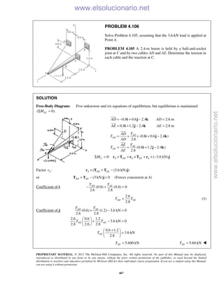 PROPRIETARY MATERIAL. © 2013 The McGraw-Hill Companies, Inc. All rights reserved. No part of this Manual may be displayed,
reproduced or distributed in any form or by any means, without the prior written permission of the publisher, or used beyond the limited
distribution to teachers and educators permitted by McGraw-Hill for their individual course preparation. If you are a student using this Manual,
you are using it without permission.
467
PROBLEM 4.106
Solve Problem 4.105, assuming that the 3.6-kN load is applied at
Point A.
PROBLEM 4.105 A 2.4-m boom is held by a ball-and-socket
joint at C and by two cables AD and AE. Determine the tension in
each cable and the reaction at C.
SOLUTION
Free-Body Diagram: Five unknowns and six equations of equilibrium, but equilibrium is maintained
( 0).ACMΣ =
0.8 0.6 2.4 2.6 m
0.8 1.2 2.4 2.8 m
AD AD
AE AE
= − + − =
= + − =
i j k
i j k


( 0.8 0.6 2.4 )
2.6
(0.8 1.2 2.4 )
2.8
AD
AD
AE
AE
TAD
T
AD
TAE
T
AE
= = − + −
= = + −
i j k
i j k


0: ( 3.6 kN)C A AD A AE AMΣ = × + × + × −r T r T r j
Factor :Ar ( (3.6 kN) )A AD AE× + −r T T j
or (3 kN) 0AD AE+ − =T T j (Forces concurrent at A)
Coefficient of i: (0.8) (0.8) 0
2.6 2.8
AD AET T
− + =
2.6
2.8
AD AET T= (1)
Coefficient of j: (0.6) (1.2) 3.6 kN 0
2.6 2.8
2.6 0.6 1.2
3.6 kN 0
2.8 2.6 2.8
0.6 1.2
3.6 kN
2.8
AD AE
AE AE
AE
T T
T T
T
+ − =
 
+ − = 
 
+ 
= 
 
5.600 kNAET = 5.60 kNAET = 
www.elsolucionario.net
www.elsolucionario.net
 