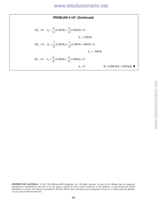 PROPRIETARY MATERIAL. © 2013 The McGraw-Hill Companies, Inc. All rights reserved. No part of this Manual may be displayed,
reproduced or distributed in any form or by any means, without the prior written permission of the publisher, or used beyond the limited
distribution to teachers and educators permitted by McGraw-Hill for their individual course preparation. If you are a student using this Manual,
you are using it without permission.
470
PROBLEM 4.107 (Continued)
6 6
0: (1100 lb) (1100 lb) 0
11 11
x xF AΣ = − − =
1200 lbxA =
7 7
0: (1100 lb) (1100 lb) 840 lb 0
11 11
y yF AΣ = + + − =
560 lbyA = −
6 6
0: (1100 lb) (1100 lb) 0
11 11
z zF AΣ = + − =
0zA = (1200 lb) (560 lb)= −A i j 
www.elsolucionario.net
www.elsolucionario.net
 