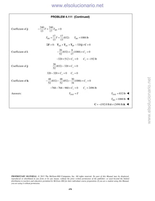 PROPRIETARY MATERIAL. © 2013 The McGraw-Hill Companies, Inc. All rights reserved. No part of this Manual may be displayed,
reproduced or distributed in any form or by any means, without the prior written permission of the publisher, or used beyond the limited
distribution to teachers and educators permitted by McGraw-Hill for their individual course preparation. If you are a student using this Manual,
you are using it without permission.
478
PROBLEM 4.111 (Continued)
Coefficient of j:
240 240
0
13 17
BDT T− + =
17 17
(832) 1088 lb
13 13
BD BDT T T= = =
0: 320 0AD AE BFΣ = + + − + =F T T T j C
Coefficient of i:
20 8
(832) (1088) 0
52 17
xC− + + =
320 512 0 192 lbx xC C− + + = = −
Coefficient of j:
20
(832) 320 0
52
yC− + =
320 320 0 0y yC C− + = =
Coefficient of k:
48 48 30
(832) (852) (1088) 0
52 52 34
zC− − − + =
768 768 960 0 2496 lbz zC C− − − + = =
Answers: DAET T= 832 lbDAET = 
1088 lbBDT = 
(192.0 lb) (2496 lb)= − +C i k 
www.elsolucionario.net
www.elsolucionario.net
 
